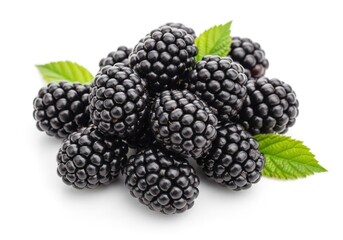 Pile of ripe blackberries with green leaves on white blackberry fruit 3