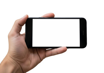 Hand holding a mobile device with a blank screen in horizontal orientation for product placement use case on transparent background