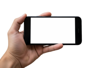 Hand holding a mobile device with a blank screen in horizontal orientation for product placement use case on transparent background