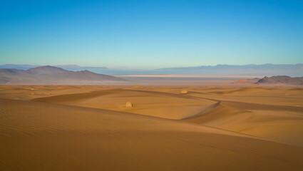 Golden sand dunes stretch towards a hazy horizon under a clear blue sky, with distant mountains silhouetted against the vast desert landscape