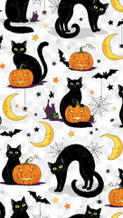 Halloween Black Cat Pumpkin Crescent Moon Spooky Pattern