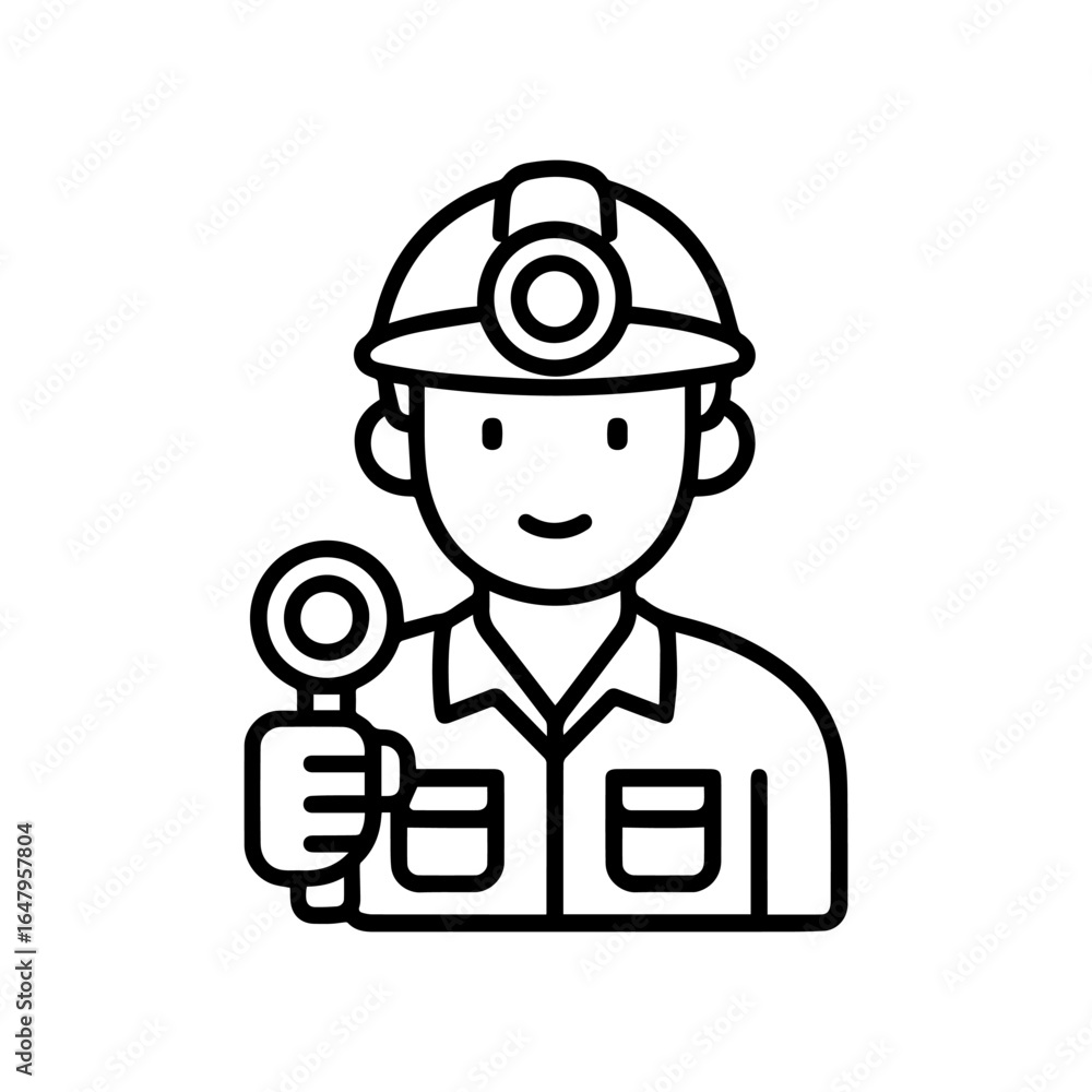 Poster line icon miner with a flashlight on his helmet vector on white background vector line icon on white