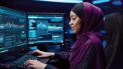 Muslim Female Analyst in Hijab Observing Data on Multiple Screens in Futuristic Tech Office, Subtle Facial Movements and Camera Pan, Animated Video Clip for Business and Technology Themes - Powered by Adobe