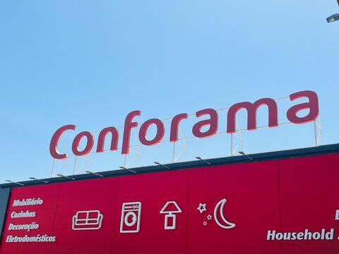 Portugal, Albufeira, August 14. 2025, sign or logo of Conforama is a French furniture retail group that has been part of Steinhoff International Holdings since 2011. Conforama Holdings S.A.