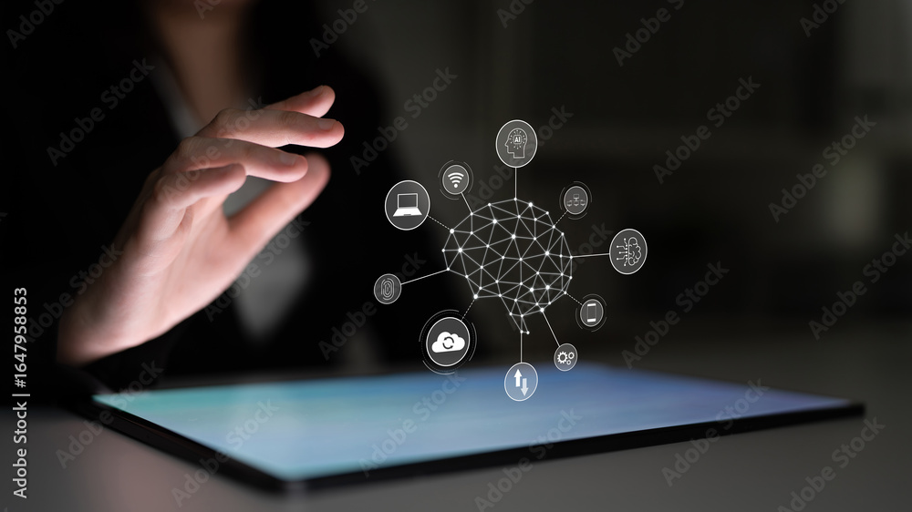 Poster a visual of artificial intelligence network connecting ai, network, and system across a structured d