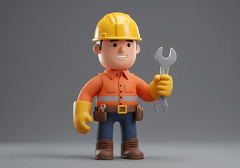 3D Cartoon Construction Worker Character Holding a Wrench