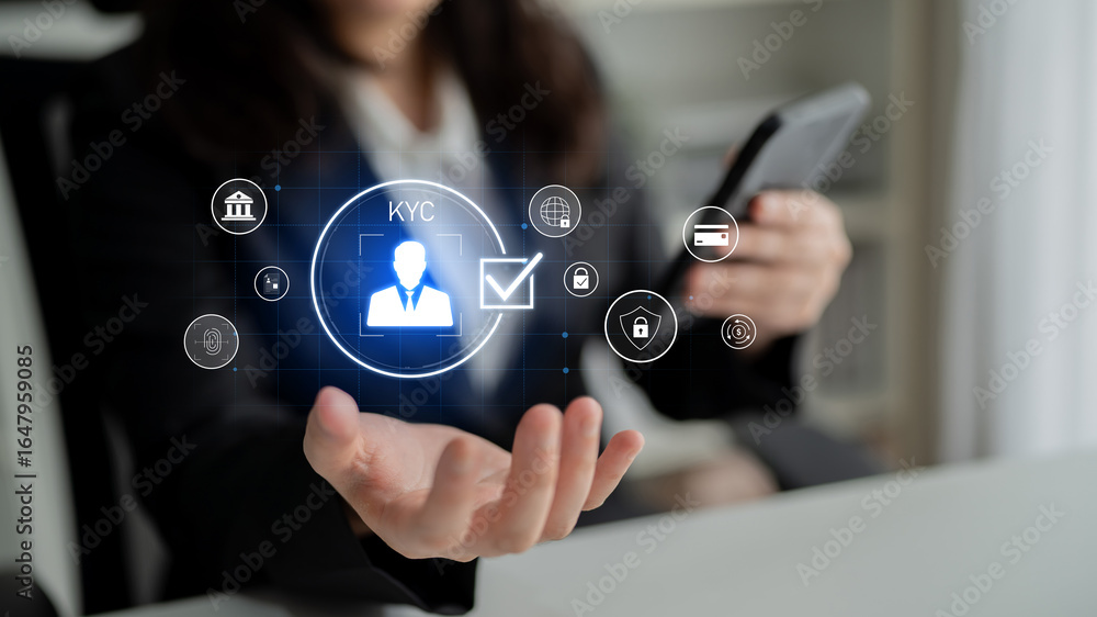 Poster digital kyc verification with biometric scan, id authentication, and financial security icons repres