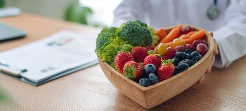 The heart-shaped bowl of fresh fruits and vegetables on a doctor's office desk