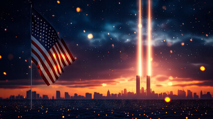 American flag waves proudly over the skyline for Patriot Day