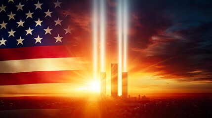 American flag with city skyline and memorial lights against sunset sky  for Patriot Day