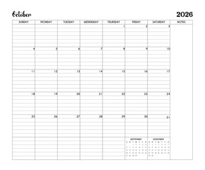 October 2026 Minimalist Printable Calendar Page with Notes Section