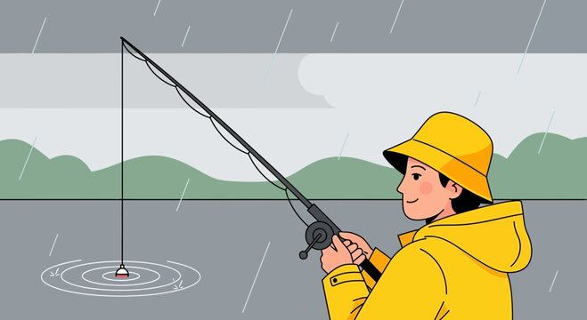 Serene angling escapade: Rainy day fishing trip in vibrant yellow raincoat
