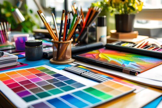 Inspiring artist workspace filled with vibrant colors, paintbrushes, and creative inspiration for your next graphic design or art project - Powered by Adobe