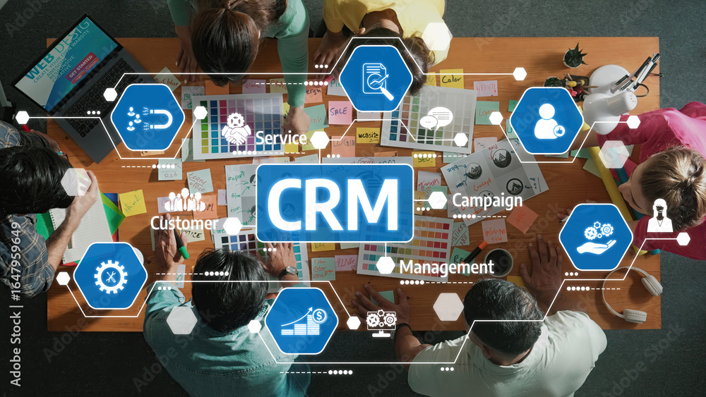 Poster a dynamic team collaborates on customer relationship management strategies, surrounded by colorful c