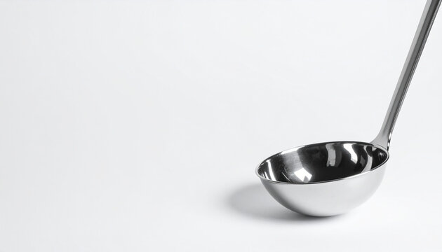 Polished metal ladle mock-up, plain white backdrop.