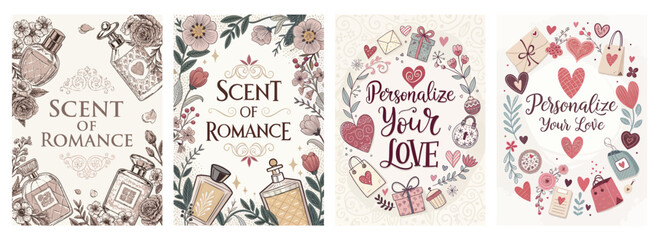 Romantic-themed illustrations featuring perfume bottles and heartfelt messages in soft colors.