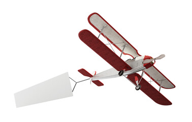 Classic airplane pulling blank white text banner on transparent background. 3D illustration © Destina