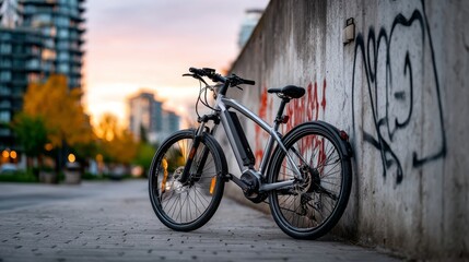 Obraz premium Stunning urban scene featuring a sleek electric bike parked against a graffiti wall at sunset. Perfect for eco-friendly lifestyle and city travel themes.