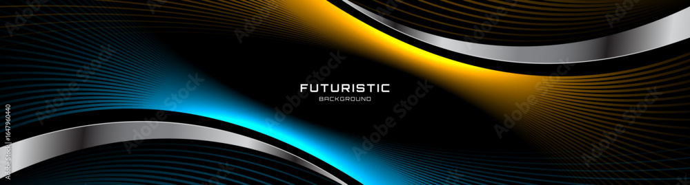 Poster 3d blue yellow lines techno abstract background overlap layer on dark space with silver waves decora