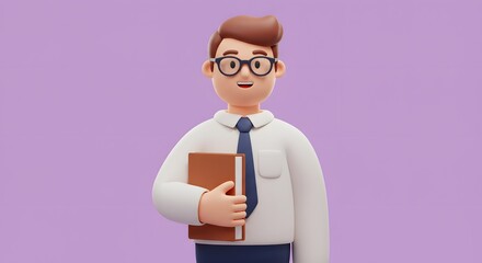 Engaging 3D illustration of a friendly professional man with glasses and a tie, holding a book, perfect for business, education, or financial consulting concepts
