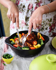 Deliciously Roasted Chicken Accompanied by a Variety of Colorful Vegetables