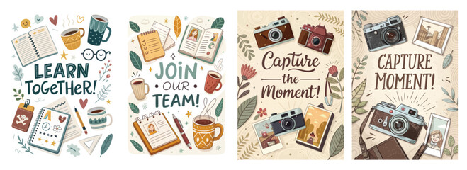 Colorful illustrated designs promoting teamwork, learning, and capturing moments in a creative style.