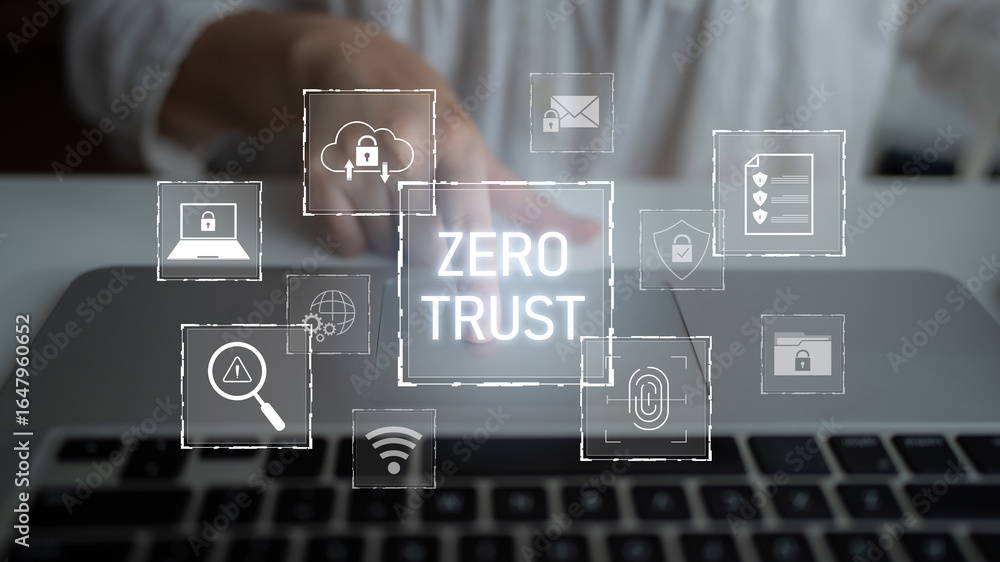 Poster zero trust model enhances data protection. zero trust blocks unauthorized access, secures devices, z