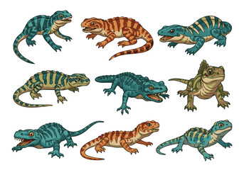 Fototapeta premium Set of different colorful cartoon lizards and prehistoric reptiles isolated on a clean white background perfect for educational materials