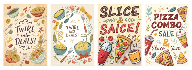 Colorful food promotion illustrations featuring pasta and pizza for a vibrant culinary deal.