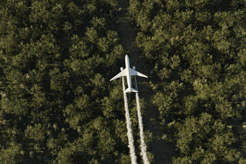 3D Rendering of an airplane with contrails flying over forest in the evening sunlight