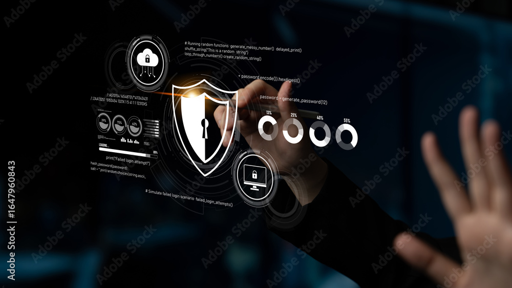 Aufkleber cyber security protects against breaches, hacks, and network attacks using strong infrastructure and