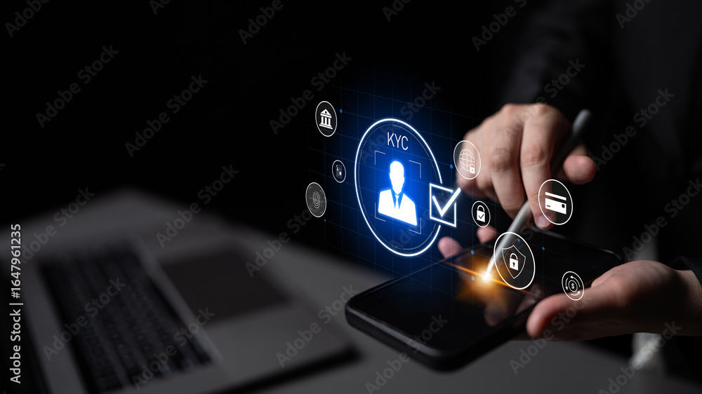 Poster digital kyc verification with biometric scan, id authentication, and financial security icons repres