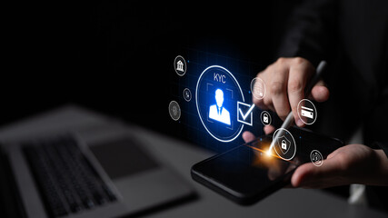 Digital KYC verification with biometric scan, ID authentication, and financial security icons...