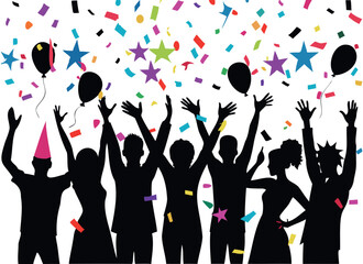 Celebration Party Silhouette with Confetti and Balloons Vector Illustration