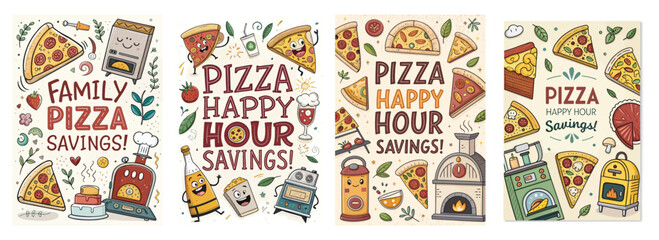 Fototapeta premium Colorful illustration of pizza-themed savings promotions with fun characters and vibrant designs.