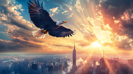 American Bald Eagle Soaring Over New York City Skyline at Sunrise for Patriot Day