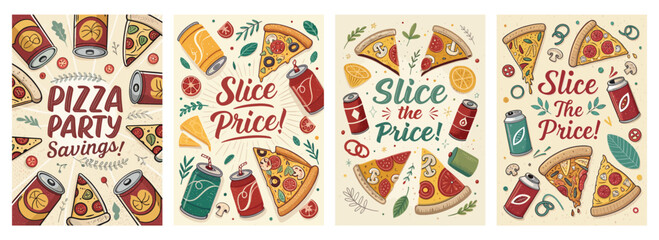 Colorful pizza-themed illustrations showcasing party savings and fun slice deals.