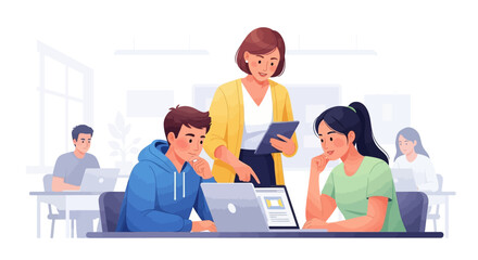 Teacher guiding students on laptops in a bright classroom setting, promoting learning and education