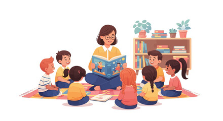 A teacher reading a book to a group of young children sitting on a colorful rug during a story time session