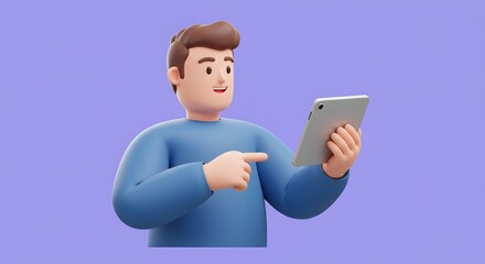 Cheerful 3D cartoon man actively engaging with a sleek digital tablet, pointing at the screen, symbolizing modern online interaction, remote work, or technology-enhanced learning experiences