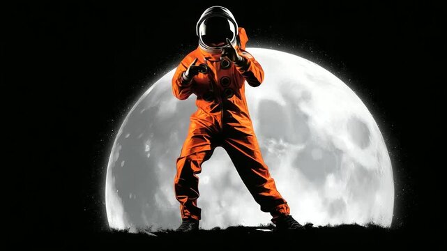 digital art, stylized illustration, astronaut in space, bright orange suit, dabbing astronaut, glowing moon