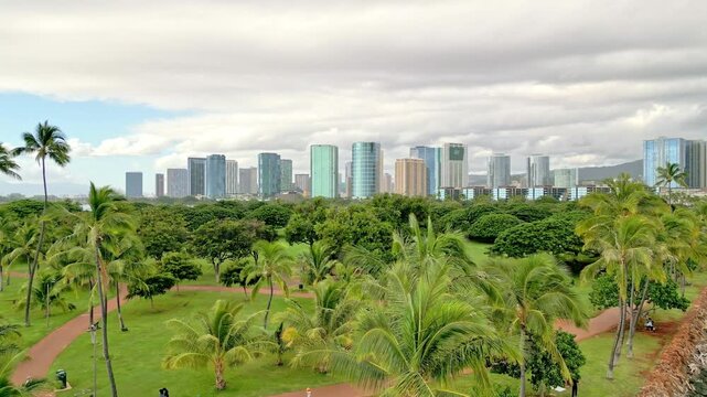 Aerials of the Honolulu Cityscape from Ala Moana - Oahu, Hawaii
