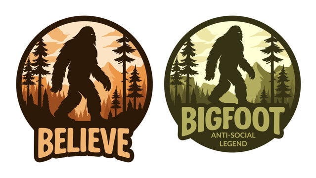 Set of vintage-style vector badges featuring Bigfoot silhouettes in forest landscapes with phrases like &ldquo;Believe&rdquo; and &ldquo;Bigfoot Anti-Social Legend.&rdquo; Perfect for outdoor, or camping-themed designs