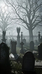 Mysterious Foggy Victorian Cemetery With Ancient Tombstones and Sculptures