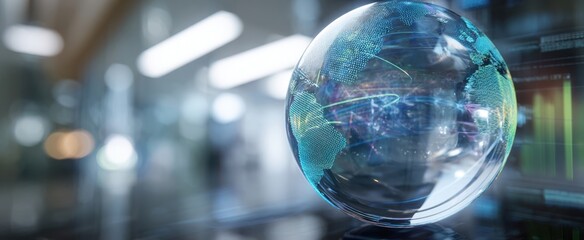 The Glass Globe with Digital Network Overlays in a Futuristic Corporate Office Setting