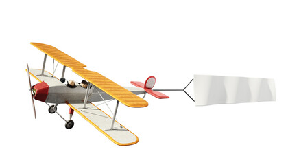 Classic airplane pulling blank white text banner on transparent background. 3D illustration