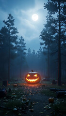 Spooky Jack O Lantern Glowing in Dark Forest Under Full Moon Halloween