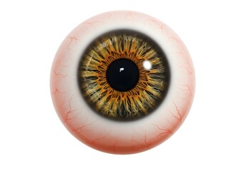 Close up detailed view of a human brown iris with intricate patterns and a dark pupil surrounded by a bloodshot sclera isolated on a white background symbolizing vision and health