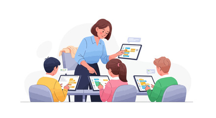 Modern classroom with teacher guiding students on tablets, promoting digital learning and engagement