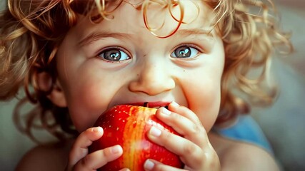 a child eats an apple close-up. Selective focus - Powered by Adobe